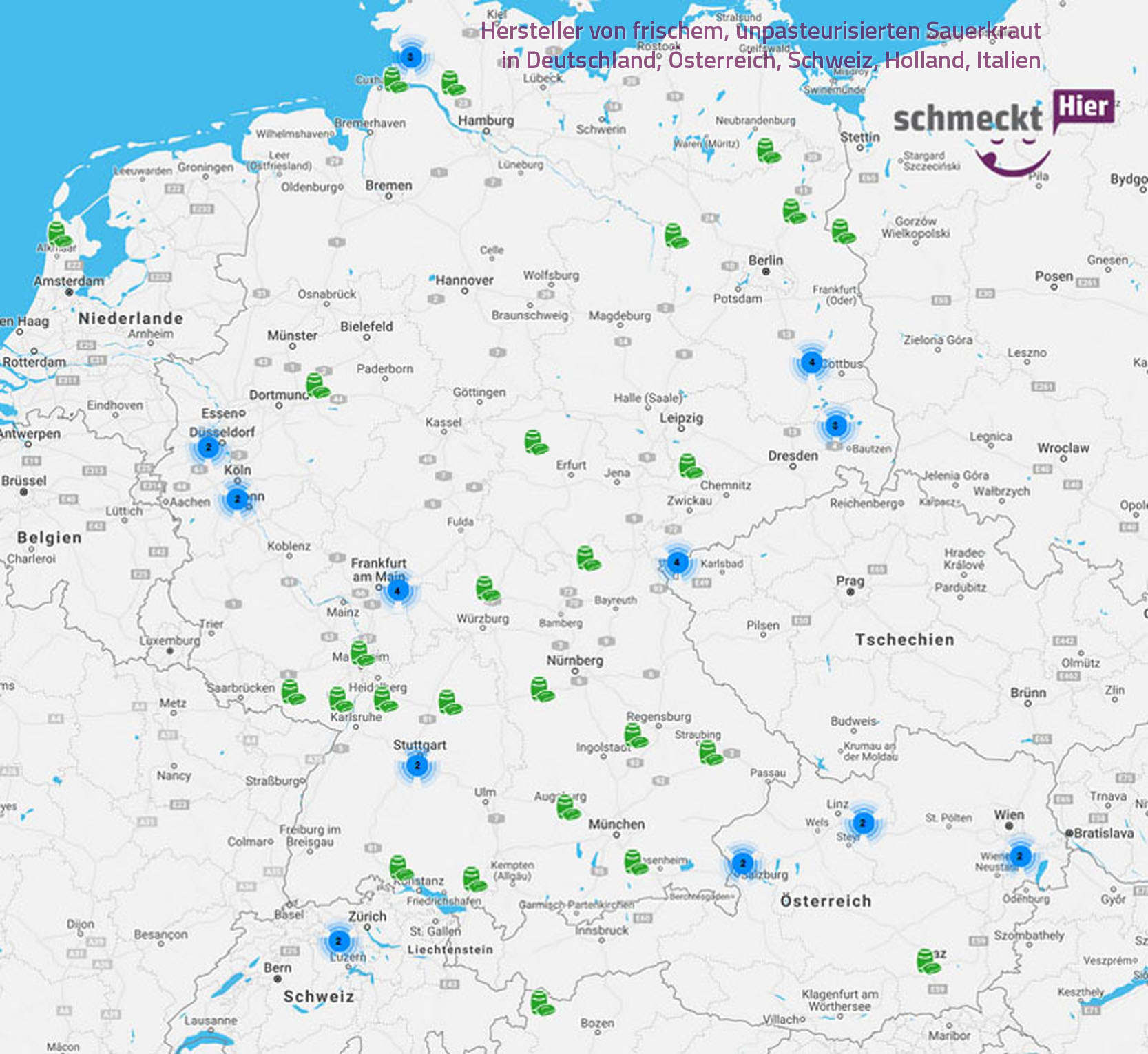 Karte mit Anbietern von frischem Sauerkraut in Deutschland, Österreich, Schweiz, Holland und Italien